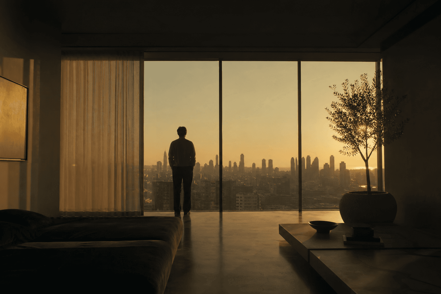 A quiet morning in a future life, at the window at golden hour
